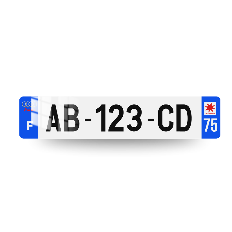Plaque d'immatriculation décorative Audi Côtés Bleus Logo 1 G, eurobandes bleues, anneaux Audi sur la bande gauche et logo de région à droite