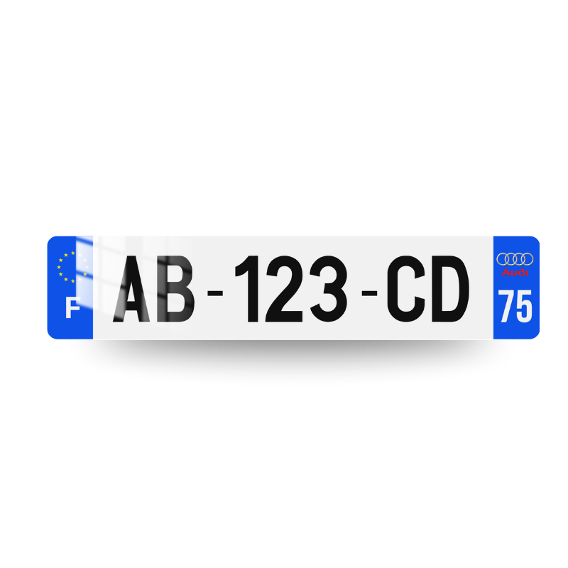 Plaque d'immatriculation décorative Audi Côtés Bleus Logo 2, eurobandes bleues et logo Audi avec anneaux et inscription rouge sur la bande droite