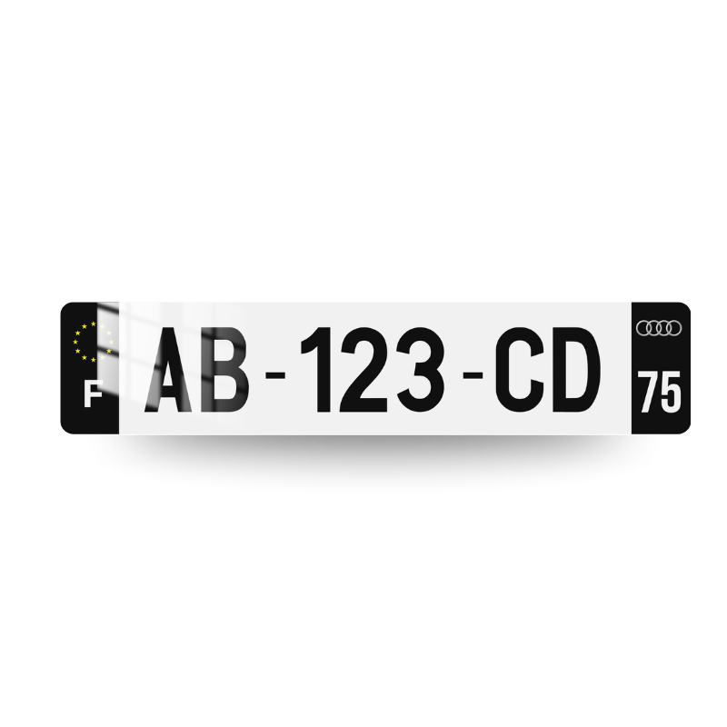 Plaque d'immatriculation décorative Audi Côtés Noirs Logo 1 G, bandes noires, anneaux Audi sur la bande gauche et logo de région à droite