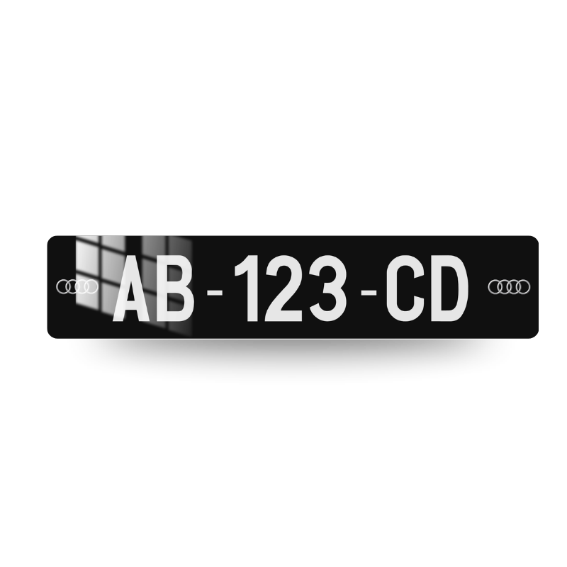Plaque d'immatriculation décorative Audi Duo Logo 1, lettrage blanc sur fond noir avec anneaux Audi des deux côtés