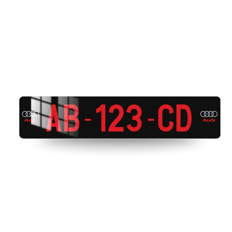 Plaque d'immatriculation décorative Audi Duo Logo 2, lettrage rouge sur fond noir avec logo Audi anneaux et inscription des deux côtés