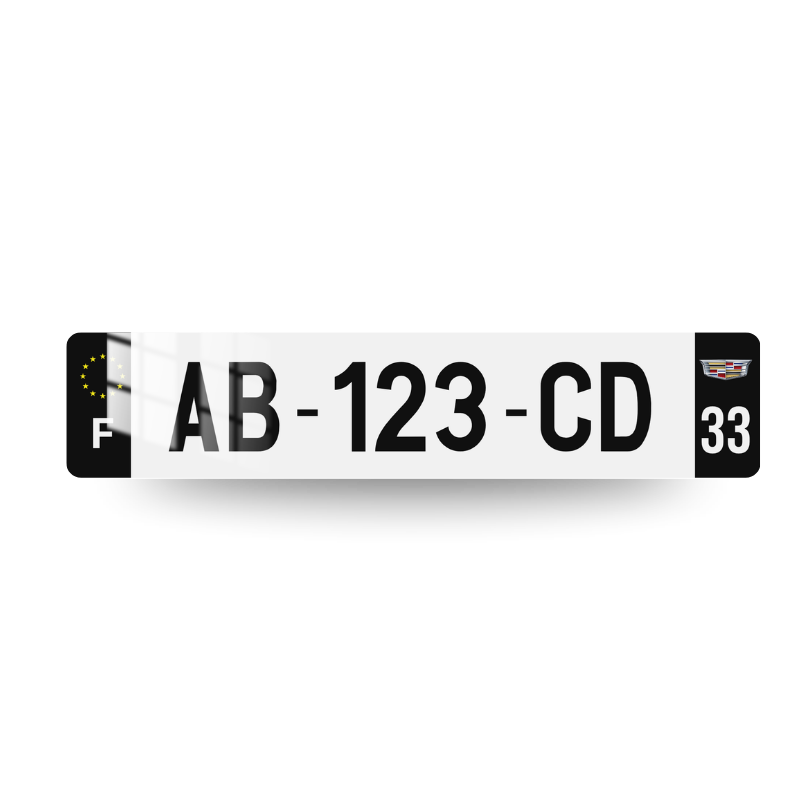 Plaque immatriculation Cadillac avec côtés noirs et logo Cadillac