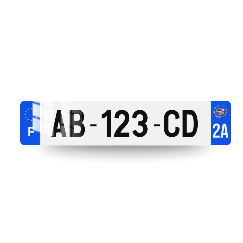 Plaque immatriculation Cadillac avec côtés bleus et logo Cadillac