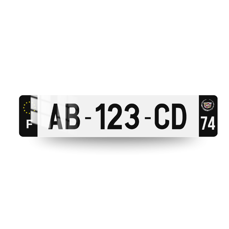 Plaque immatriculation Cadillac avec côtés noirs et logo Cadillac