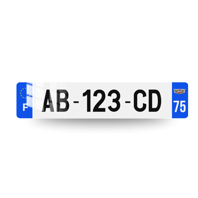 Plaque immatriculation Cadillac avec côtés bleus et logo Cadillac