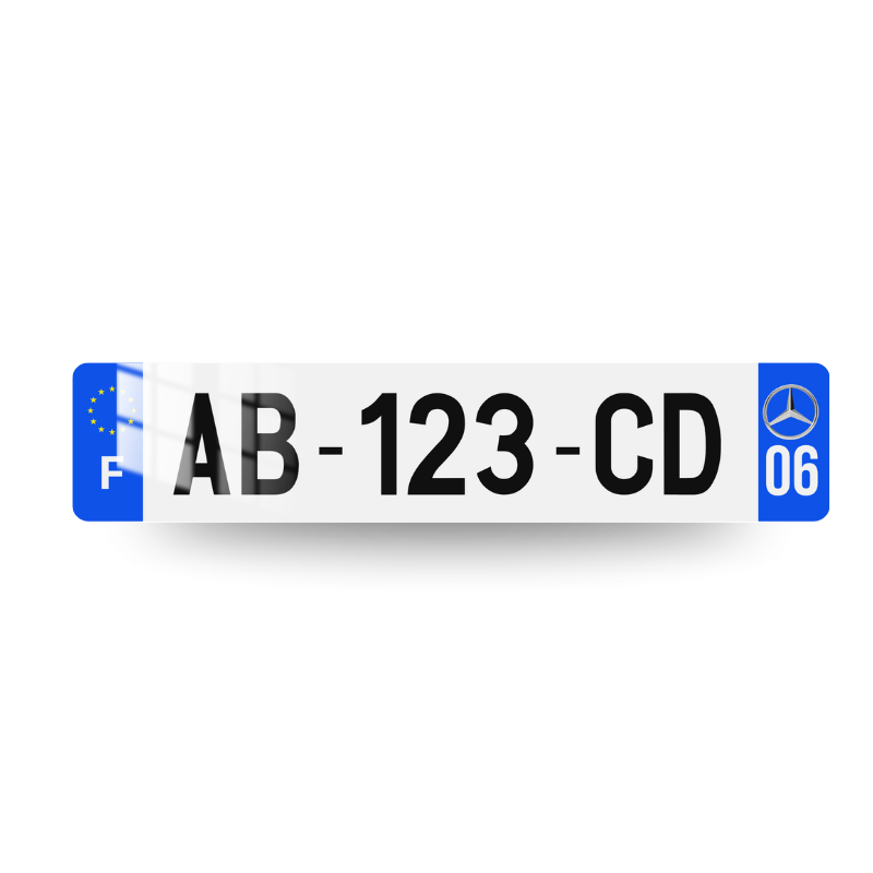 Plaque d'immatriculation Mercedes côtés bleus avec étoile Mercedes sur l'eurobande droite