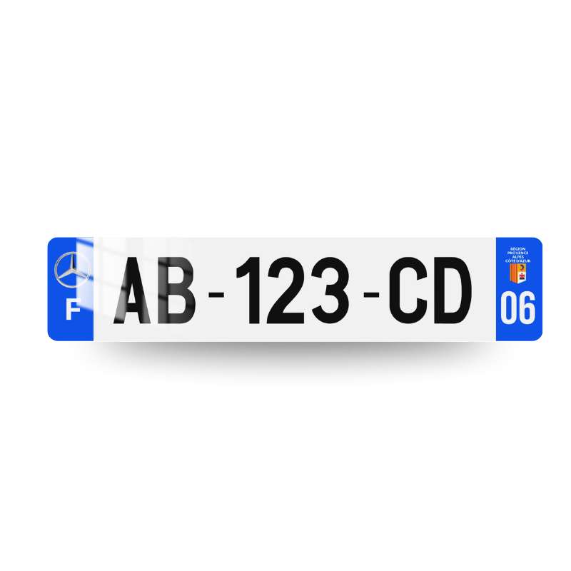 Plaque d'immatriculation Mercedes côtés bleus avec étoile Mercedes sur l'eurobande gauche